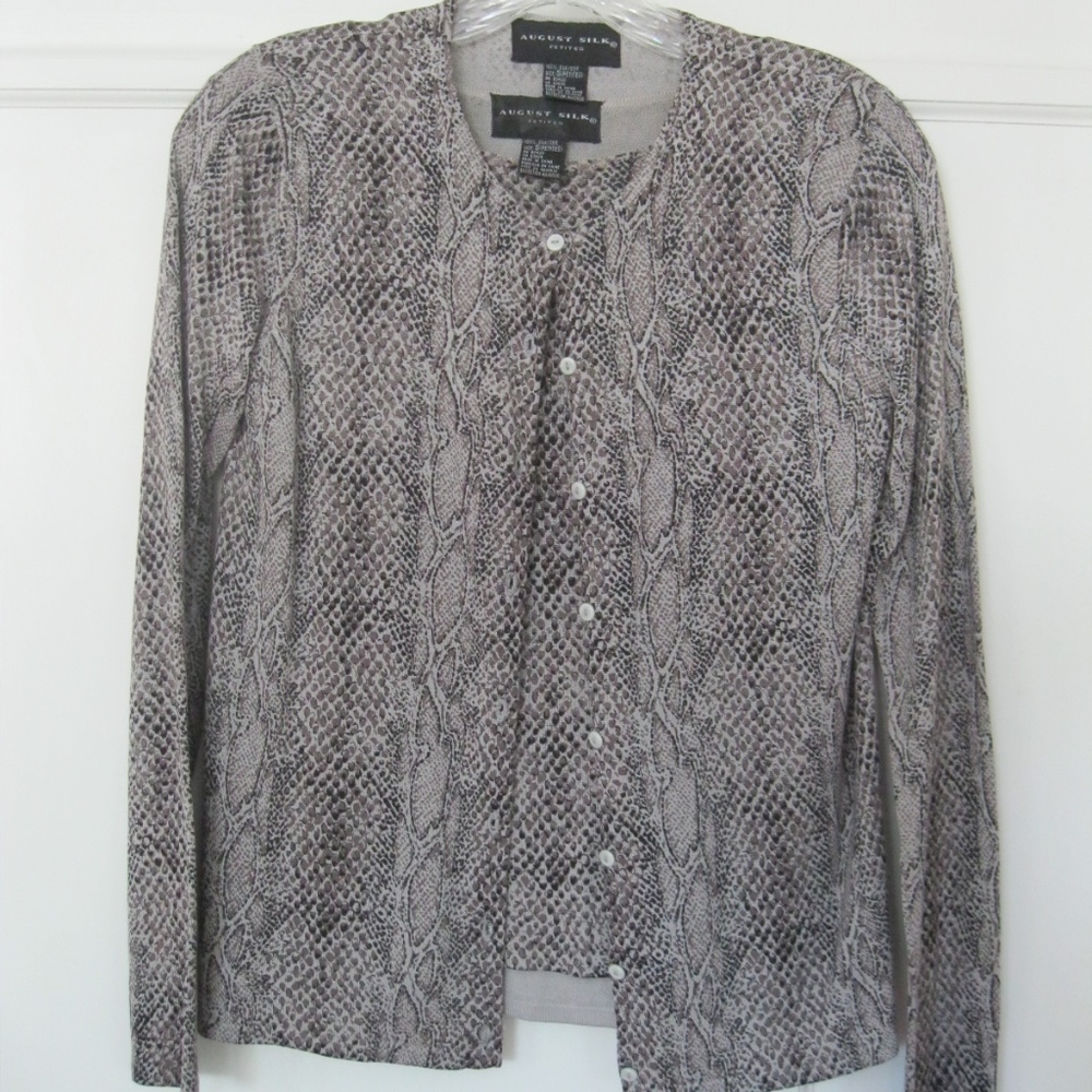 August Silk silk animal print twin set, grey, Sz S